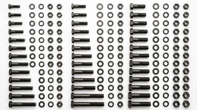 Heavy Industrial Bolt and Nut Hardware Collection Grid Pattern White Seamless Paper Background M8 Through M36 Hex Bolts Washers Lock Nuts - Industrial Stock Photo