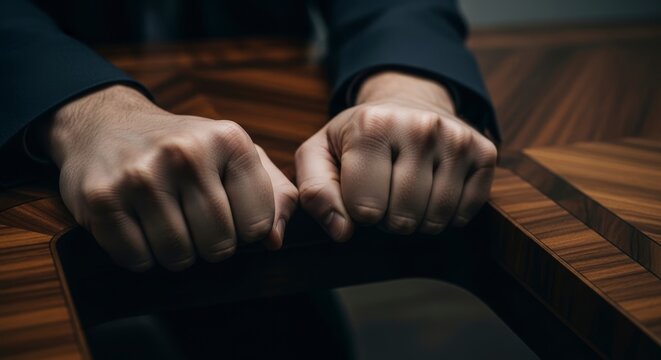 Close-up of clenched fists on table.