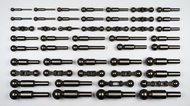 Industrial Tube Bending Mandrel Set Various Diameter Steel Mandrels Arranged By Size on White Surface Overhead Lighting Even Two LED Panels - Industrial Stock Photo