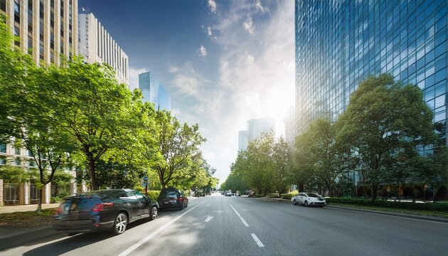 urban boulevard with trees cars and high buildings under a sunny sky in perspective view