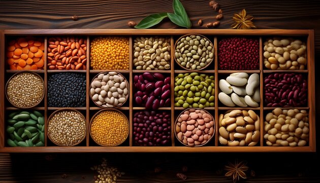 varied legumes in a wood box exhibiting a natural color palette textural grains diverse shapes a culinary mosaic