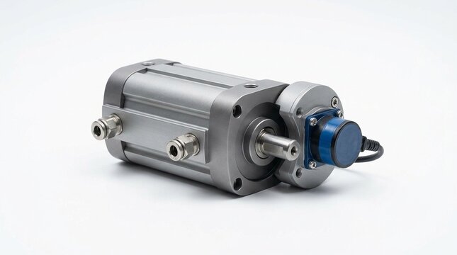 Industrial Actuator Pneumatic Rotary Type Vane Type with Position Feedback Potentiometer on End Cap White Background - Industrial Stock Photo