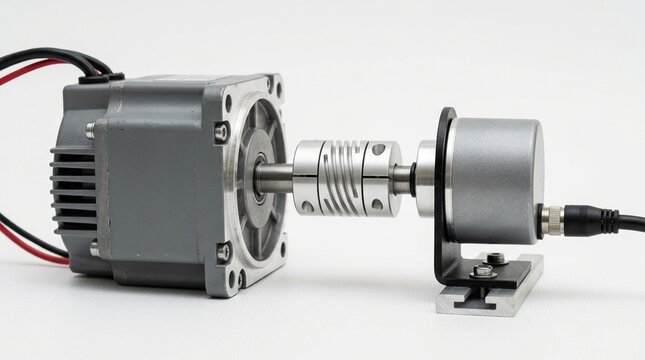 Rotary Encoder Shaft-mounted Type Attached to Motor Shaft Coupling Visible Between Encoder Body and Motor Housing on White Background - Industrial Stock Photo