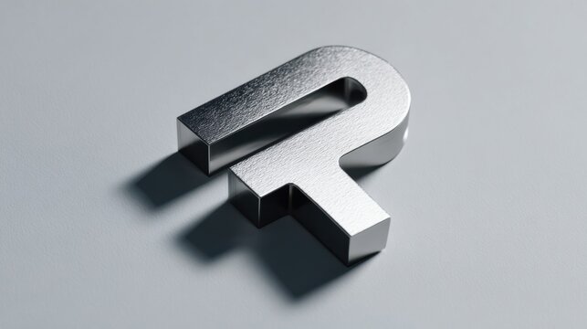 A metallic letter R with a polished chrome finish, casting a subtle shadow on a smooth grey surface