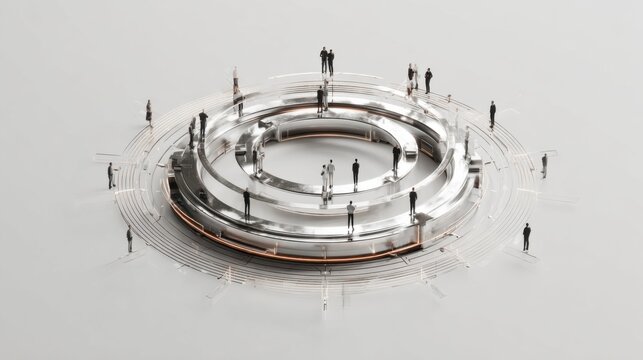A surrealistic depiction of interconnectedness, with miniature figures orbiting a sleek, metallic concentric structure, symbolizing community and technology