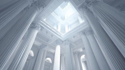 Fototapeta premium A grand and majestic hall with towering white columns and a luminous ceiling, evoking a sense of awe and spiritualism