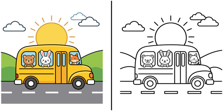 School bus with animal passengers color and blackline versions