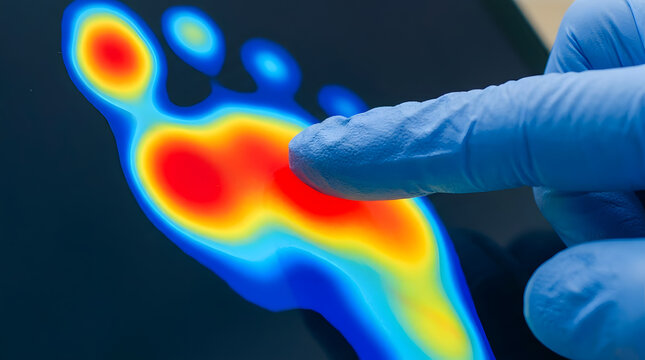 Close-up of a healthcare provider pointing at a digital foot pressure map on a tablet screen during a podiatry consultation