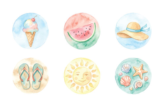 Watercolor summer icon set with ice cream watermelon straw hat flip flops sun and seashells inside clean circles
