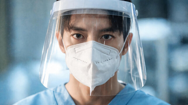 Portrait of a young male medical professional in blue scrubs wearing a full transparent face shield over an N95 respirator mask with a calm neutral expression in a blurred clinical setting.