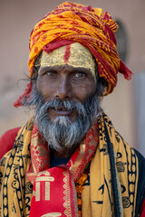 Obraz premium Close Up Of Hindu Spiritual Devotee With Sacred Tilak And Ritual Accessories