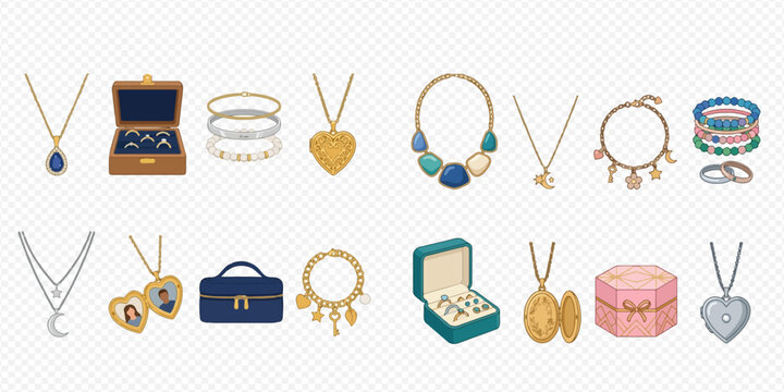 Collection of various elegant jewelry pieces including necklaces, bracelets, rings, and jewelry boxes.