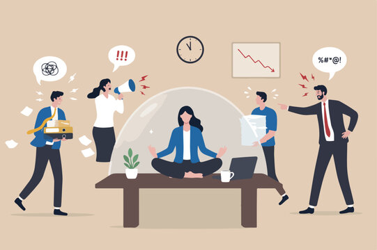 Ignore noise or distraction, keep calm and avoid conflict or problem, challenge to survive in toxic workplace concept, businesswoman meditating and keep calm under covered to ignore people noise