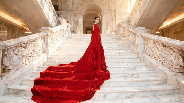 Elegant fashion model in a dramatic flowing red gown with an extremely long trailing train ascending ornate white marble stairs of a grand baroque palace or opera house for a luxury editorial.
