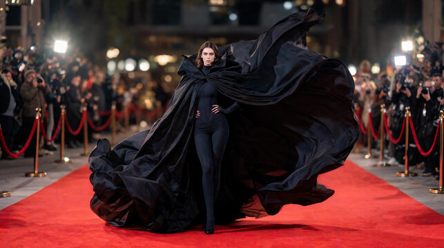 High-fashion female model in a dramatic flowing black cape and bodysuit walking the red carpet with photographers in the background, conveying avant-garde celebrity evening wear at a glamorous event.