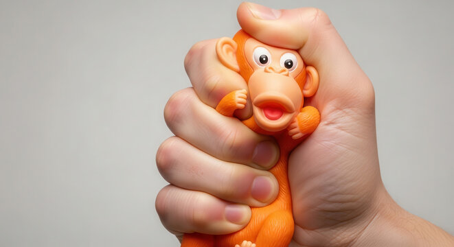 Hand squeezing an orange monkey-shaped anti-stress toy, showcasing its flexible design and playful expression against a neutral background for stress relief and relaxation