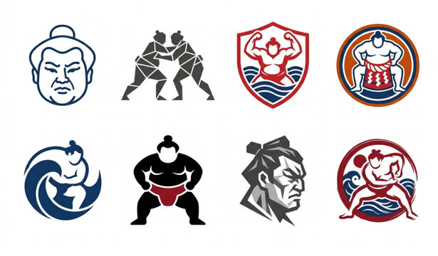 Modern Sumo Logo Vector Set with Japanese Wrestler Mascot Icons