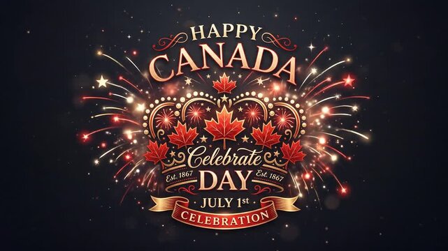 Happy Canada Day festive celebration graphic with fireworks and maple leaves for the July 1st national holiday.