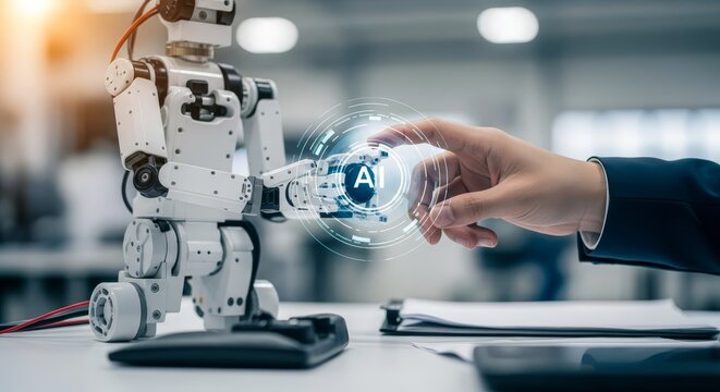 Human hand touching AI interface of a futuristic robot, symbolizing technological advancement and future collaboration.
