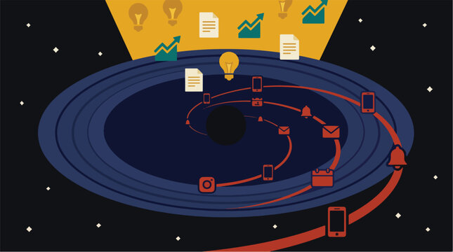 Surreal Productivity Black Hole Swallowing Time and Distractions While Focused Work Escapes &mdash; Flat Vector for Business, Productivity, and Technology
