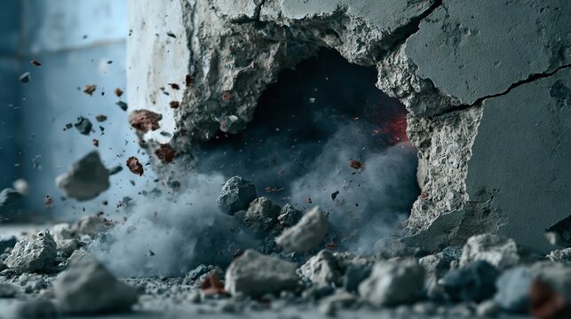 Concrete structure exploding outward with debris and dust particles flying