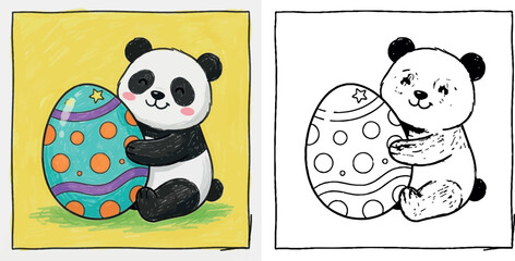 Cute cartoon panda hugging colorful Easter egg, playful kids illustration, cheerful animal character © MstSangita