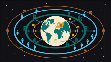 Surreal Business Global Expansion Orbit Showing Company Growth Across International Markets — Flat Vector for International Business, Growth, and Strategy © Vecto Graph
