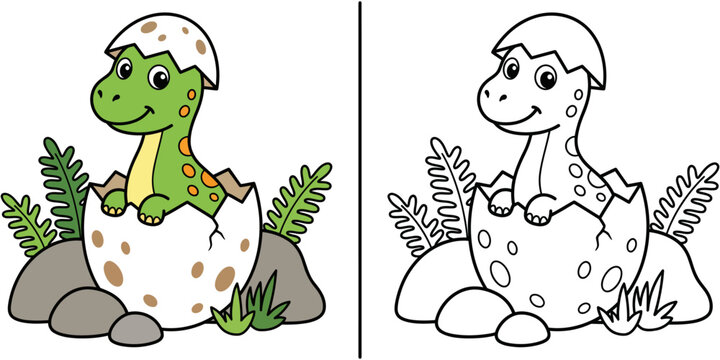 Baby dinosaur hatching from egg color and black and white versions