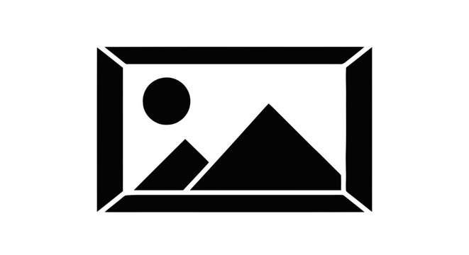 Vector illustration of simple landscape icon with a sun and mountains inside a rectangular frame on a transparent background
