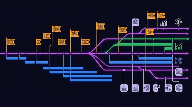 Colorful technology roadmap with icons on a dark background
