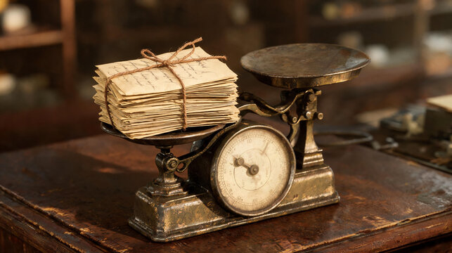 Vintage brass post office weighing scale with a tied bundle of handwritten old letters in brown string resting on the weighing pan on a dark wooden desk in a classic postal setting.