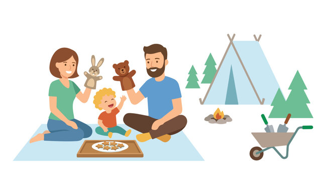 A happy family of three is camping outdoors, playing with hand puppets and enjoying cookies on a picnic blanket near a tent and a small campfire.