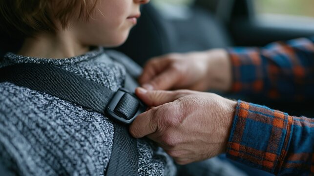Parent fastening child?s seat belt in car interior