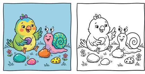 Cute cartoon bird and snail playing with colorful eggs on grassy field, cheerful kids illustration © MstSangita