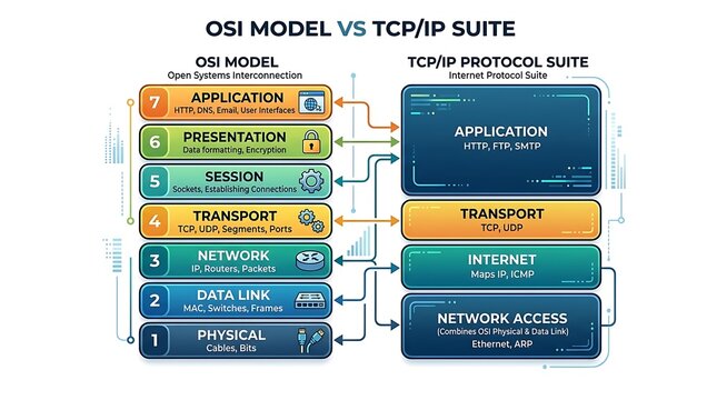 Networking infographic comparing osi and tcp ip protocol layers