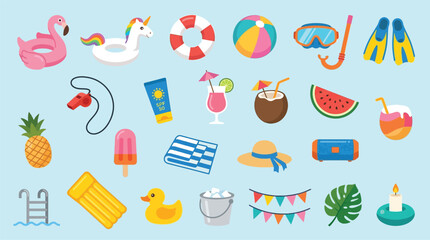 Collection of colorful summer vacation icons and symbols on a light blue background. © Banana Milk