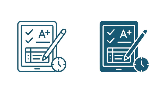 Digital exam grading icons with checklist and clock symbol