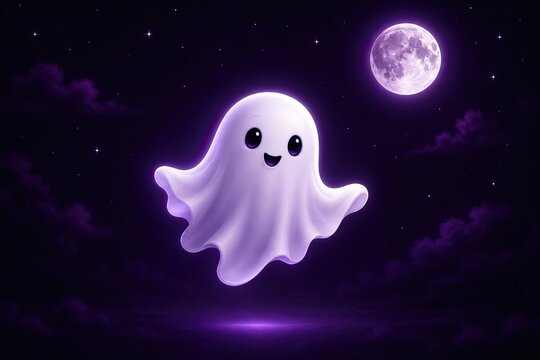 Smiling ghost under purple moonlight on halloween night with spooky clouds and stars