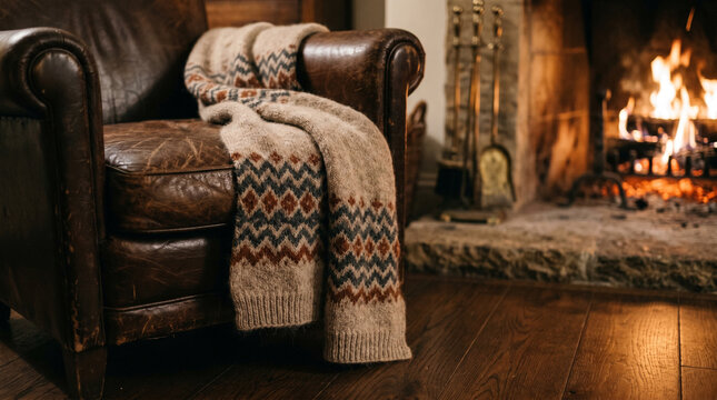 Cozy leather armchair with a knitted blanket by a warm fireplace on a wooden floor indoors