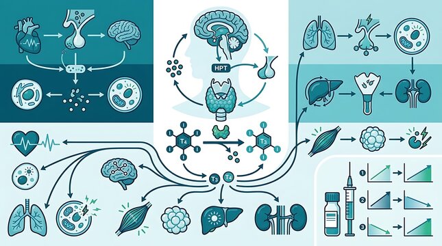 Medical infographic of thyroid hormone function and organ systems