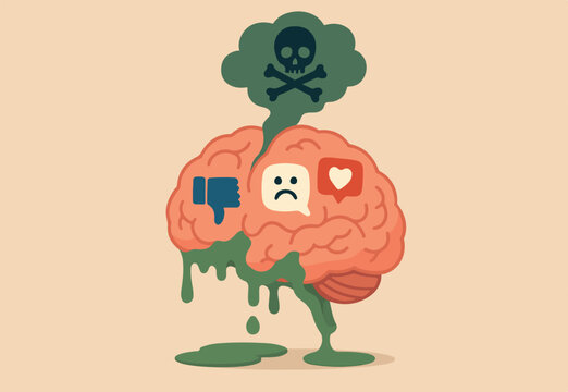Brain rot toxic social media addiction causing depression, anxiety and negative harmful mind, online overwhelmed, cyber bullying or doomscrolling concept, human brain rot with toxic social media