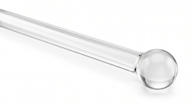 Transparent glass perfume sampling dabber wand with a spherical tip, isolated on a pure white background.