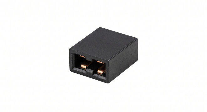 Macro of a black PC motherboard jumper cap isolated on a pure white background. Minimalist micro-electronic hardware.