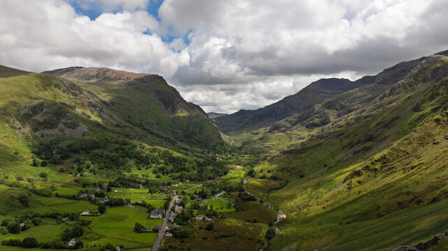 Aerial Photo Nant Peris North Wales UK. Llyn Peris is a lake in Snowdonia, Wales, approximately 1.8 km long and situated close to the villages of Llanberis and Nant Peris, and the smaller twin of Llyn