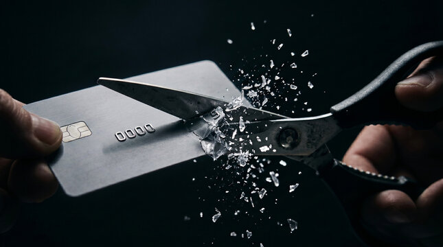 Person cutting a credit card with scissors to stop spending and manage finances effectively now