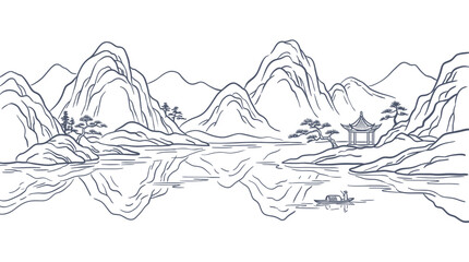 Traditional Chinese Landscape Painting, Mountains, River, Pagoda, Boat, Ink Wash Style © purnama