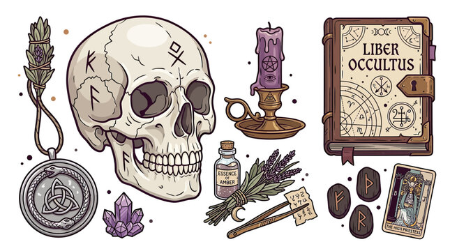 Mystical Occult Symbols, Skull, Runes, Tarot, Candle, Herbs, Book - Esoteric Art