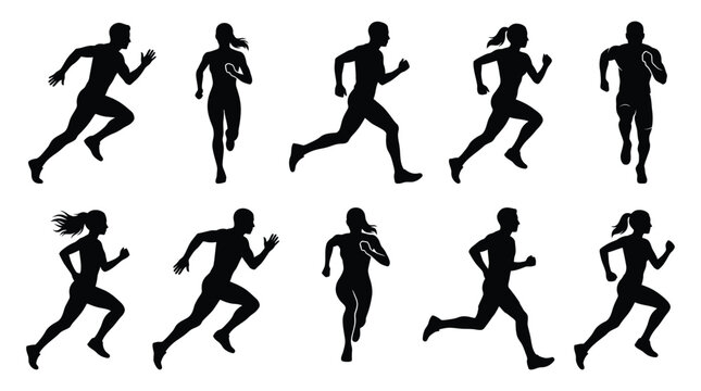 Detailed black vector illustration set featuring various athletic men and women running in different poses