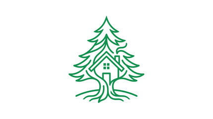 Obraz premium Eco-friendly house logo with pine tree and roots, sustainable living concept