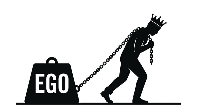Minimalist vector illustration of a king wearing a crown pulling a heavy weight labeled ego
